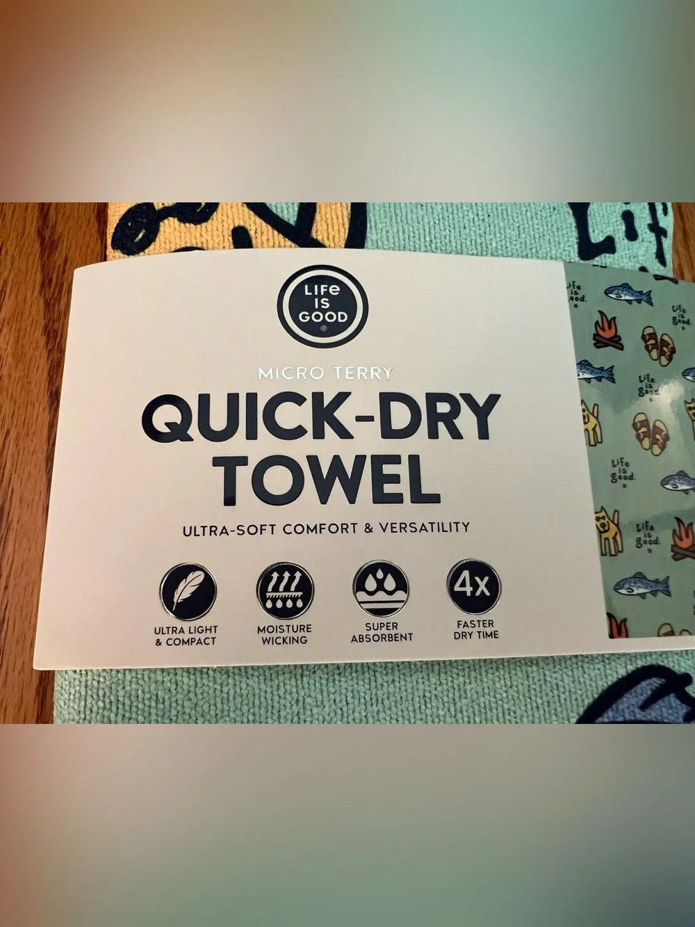 Life Is Good Quick-Dry Towel in Mint Green with Multicolor Camp Icons